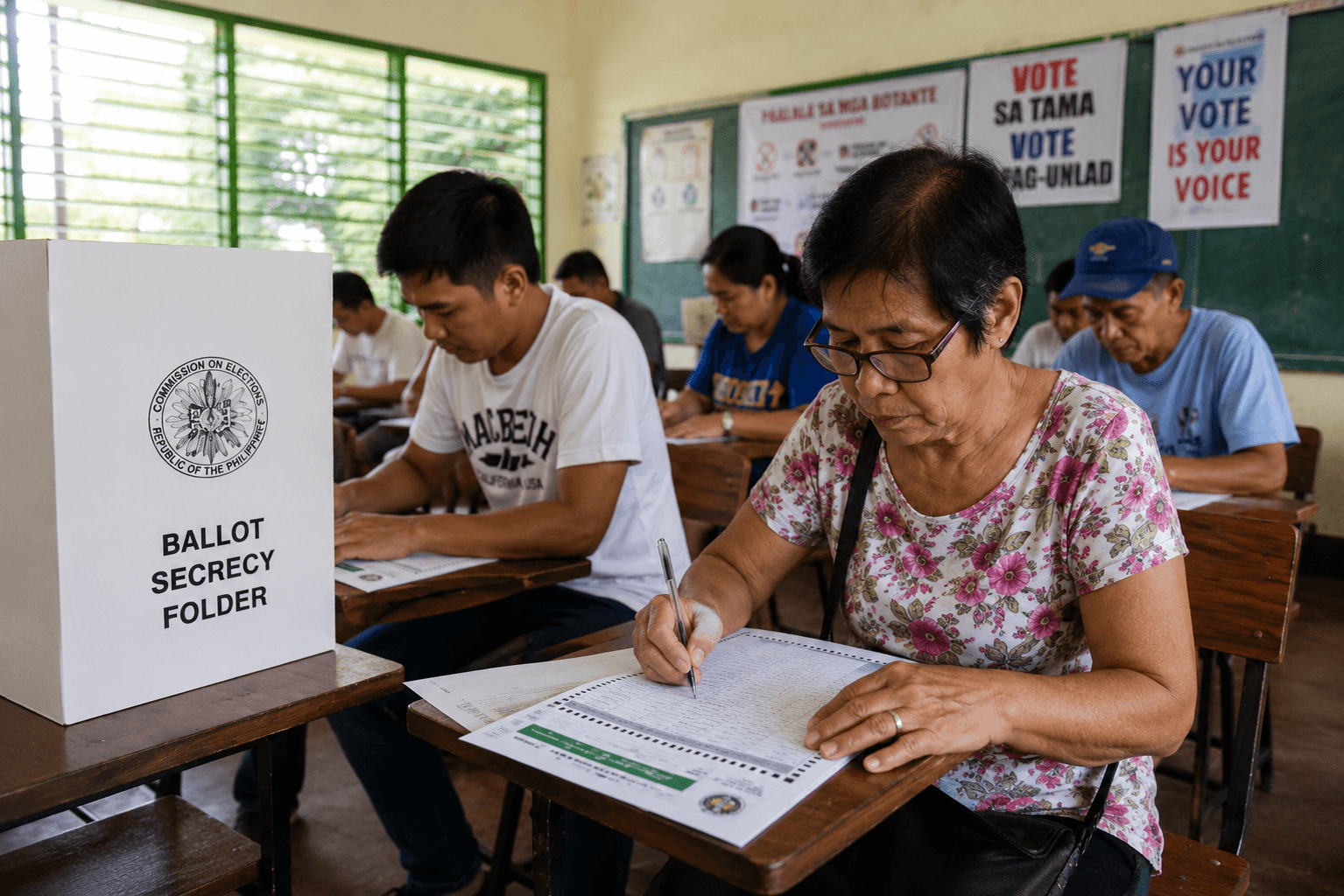 Filipino citizens filling out ballots in a classroom environment